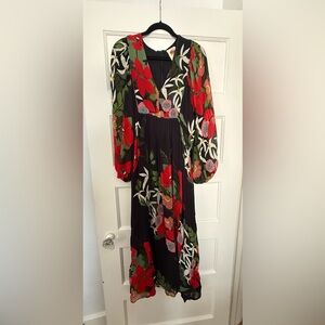FARM Rio Black and Red Floral Long Sleeve Dress